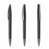Three black plastic pens with sleek designs, featuring stainless steel accents and clip styles.