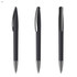 A set of metallic black plastic pens with silver accents and a sleek design, featuring a branding logo.