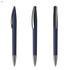 A collection of navy blue plastic pens with metallic accents, featuring a clip on each design.