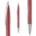 A metallic red pen with a shiny silver clip, featuring a logo on the barrel.