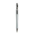 A silver metal pen with a sleek design and a clip, featuring a small logo at the top.