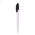A plastic pen featuring a white body and a black cap. The pen includes a logo.