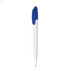 A plastic pen in white with a blue grip and top, featuring a logo on the barrel.