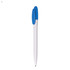 A white plastic pen with a blue clip and top, featuring a logo on the barrel.