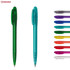 A set of plastic pens in various translucent colours, including green and blue, with a logo visible on one pen.