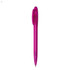 A plastic pen in vibrant pink with a transparent barrel and a clip at the top. It features a logo.