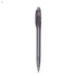 A plastic pen in a clear casing with a purple tint and a retractable tip, featuring a logo on its body.