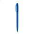 A blue plastic pen with a smooth body and a rounded cap, featuring a logo on the side.