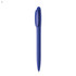 A blue plastic pen with a smooth finish and a matching cap, featuring a branding logo.