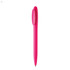 A pink plastic pen with a rounded cap and a sleek design, featuring a logo.