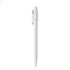 A plastic pen in white, featuring a streamlined design and a clip for easy attachment. It includes a branding logo.