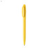 A yellow plastic pen featuring a simple design and a clip at the top. It has a logo on the barrel.