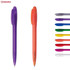 A collection of plastic pens in various colours, including purple, orange, and multiple shades on a white background.