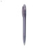 A transparent purple plastic pen with a rounded top and clip. It features a simple design and branding.