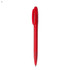 A plastic pen in vibrant red, featuring a streamlined design and a logo on its body.