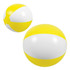 A beach ball with yellow and white stripes, featuring a round shape and a logo on it.