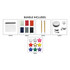 A clear zip pouch, four notebooks in various colours, two pens, a speaker, headphones, and multi-coloured star-shaped pins.