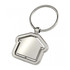 A metal keychain in the shape of a house, featuring a shiny silver finish and a round ring for keys.