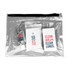 A transparent pouch containing a hand sanitiser, wipes, and a small pouch, featuring various colours and a logo.