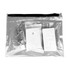 A clear zippered pouch containing a bottle of hand sanitiser, wipes, and a small package, all in varied colours.