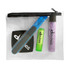 A clear zippered pouch containing a nail file, lip balm, and a tube of bath salts, featuring branding throughout.
