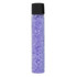 A clear bottle filled with purple bath salts, topped with a black lid.