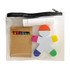 A clear pencil case containing a glue stick, colourful crayons, and a large figurine-shaped eraser.