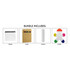 A transparent pencil case, brown notebook with coloured pens, a white drink bottle, and a multicoloured sticky note holder.