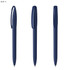 A set of navy blue plastic pens with a sleek design and clip feature, showcasing three different angles.