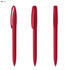 A set of three red plastic pens displayed from different angles, featuring a clip and rounded tips.