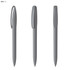 A grey plastic pen with a smooth curved design, featuring a clip and rounded tip, displayed from multiple angles.