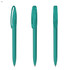 A set of three plastic pens in transparent teal, featuring clip closures and smooth barrel designs.