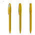 A set of transparent yellow plastic pens with clips, showcasing three different angles. Each pen has a sleek design.