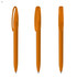 Three orange plastic pens with a clear design and a clip on top, showcasing different angles of the product.
