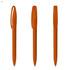 An orange plastic pen with a clip and a smooth body, featuring a logo on its side.