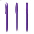 A set of three purple plastic pens with a clip and smooth design, featuring a logo on each pen.