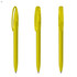 A set of bright yellow plastic pens with clips, showcasing different angles of the design.