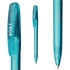 A plastic pen in a translucent aqua colour with a logo. It features a click mechanism and a rounded tip.