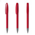 A set of three red plastic pens with a sleek design and a clip for easy attachment. Each pen has a shiny silver tip.