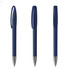 A blue plastic pen with a clip, featuring a smooth design and metallic tip, shown from multiple angles.