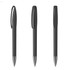 A set of three black plastic pens with sleek designs and silver tips, featuring a logo on the side.