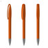 An orange plastic pen with a clip and a shiny silver tip, shown from three angles. It features a logo.