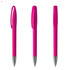 A pink plastic pen with a sleek design and a clip, featuring a shiny metallic tip.