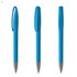 A blue plastic pen with a sleek design, featuring a clip, and a silver tip. It has a logo on the barrel.