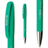 A plastic pen in a vibrant turquoise colour featuring a silver tip and a clip. It includes a logo.