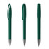 A set of green plastic pens with sleek designs and silver metal tips, featuring a logo on each pen.