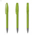A series of transparent green plastic pens with a clip and silver accents. The pens are arranged in different orientations.