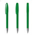 A green plastic pen with a clip and a silver tip, displayed from three different angles.