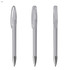 A set of three clear plastic pens with silver accents and clip attachments. Each pen is displayed from different angles.