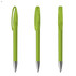 A set of green plastic pens with transparent caps and silver nibs, featuring a logo on each pen.